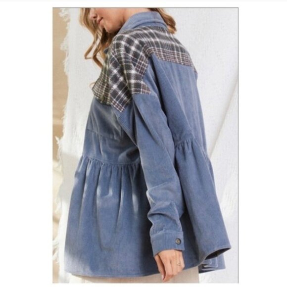 Womens Blue Corduroy & Plaid Button-Up Peplum Shirt Jacket-SIZE: LARGE-NEW - Picture 2 of 4